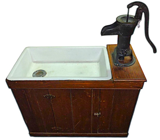 VINTAGE KITCHEN SINK CABINET & MOUNTED PITCHER PUMP - PICK UP ONLY