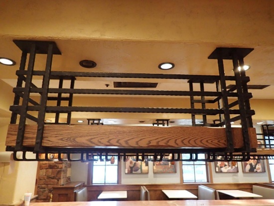 Wood & Iron Ceiling-Mounted Glassware Rack w/ Built-In Lighting (All Lighting Can't be removed until