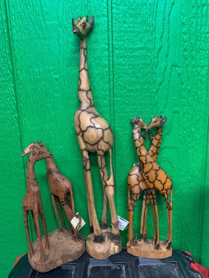 (3) Wood Giraffe Sculptures - Hand Carved in Zimbabwe