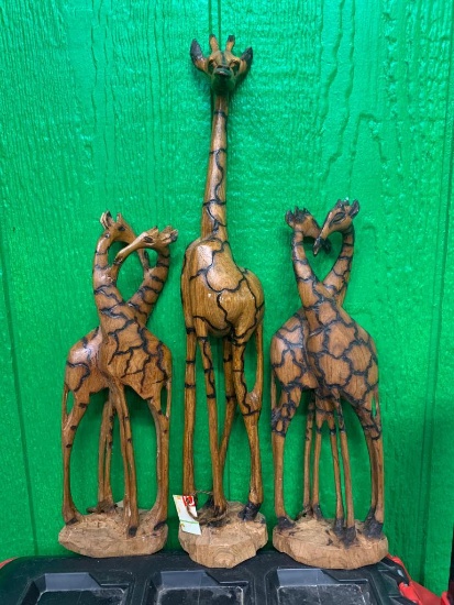 (3) Wood Giraffe Sculptures - Hand Carved in Zimbabwe