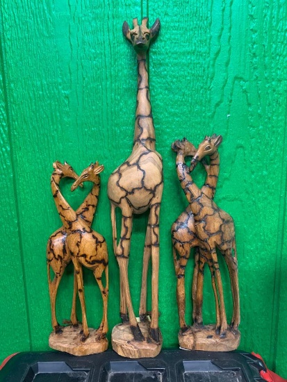 (3) Wood Giraffe Sculptures - Hand Carved in Zimbabwe