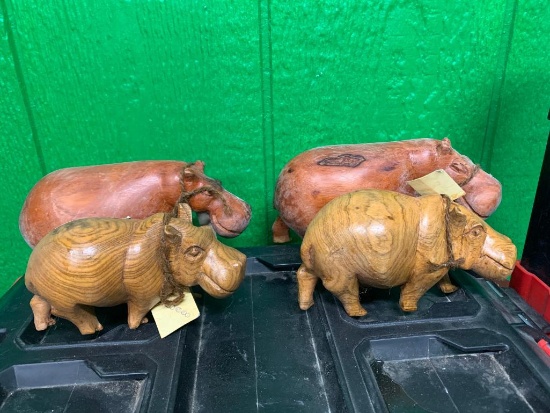 (4)Wood Hippopotamus Sculptures - Hand Carved in Zimbabwe