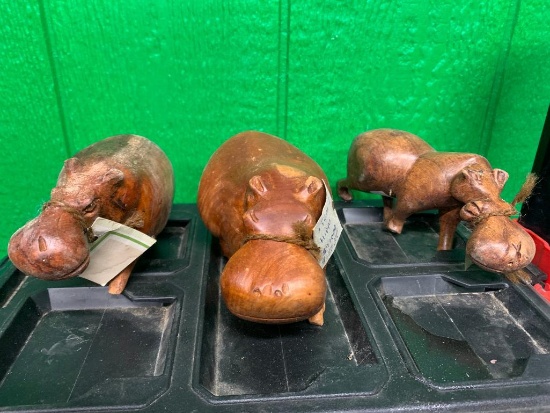 (3) Wood Hippopotamus Sculptures - Hand Carved in Zimbabwe