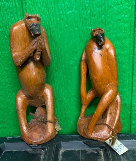 (2) Wood Baboon Sculptures - Hand Carved in Zimbabwe