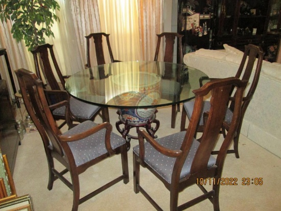 Hand Painted Japanese Inspired Dining Room Table w/ Glass Top - Includes 6 Chairs