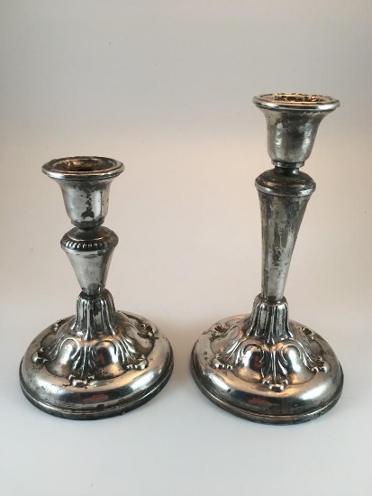 2 Silver Plated Mid Century Ornate Candlesticks