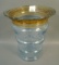 Fry Lt Blue Controlled Bubble Art Deco Vase Has Amber Threading and measures 8