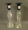 Two Imperial Freehand Hanging Hearts Candlesticks Opaque Frosted White with Cobalt Tops. measuring 9