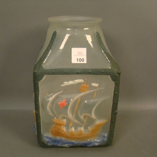 Rare Consolidated Santa Maria Porch Light Shade Frosted and Decorated . Measures 9 1/2" Tall with 4"