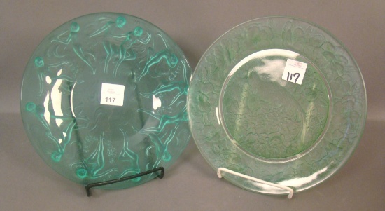 Pair of Consolidated 8" Plates Green Frosted Dancing ladies and Cockatoo Plate