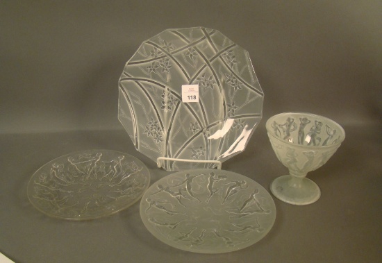 4 Piece Consolidated Frosted Lot Line 700 Plate, Two Crystal Frosted Dancing Ladies Plates and Danci