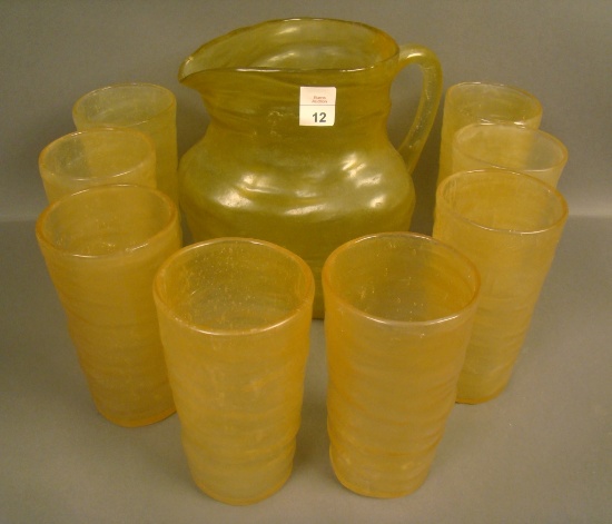 Consolidated Honey Catalonian Tri-Cornered Jug With 8 5 1/2" Tankard Tumblers