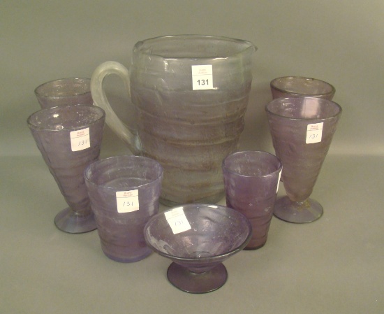 7 Pc Consolidated Catalonian Amethyst Wash Lot 1 Handled Jug, 4 Ftd Tumblers, 1 tumbler, and 1 Juice