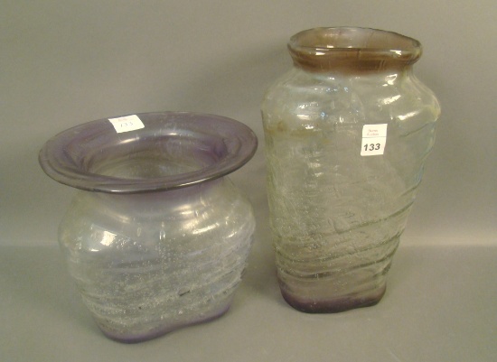 Pair of Consolidated Catalonian Vases Light Amethyst to Clear Tri Cornered Spitton Shape Vase and La