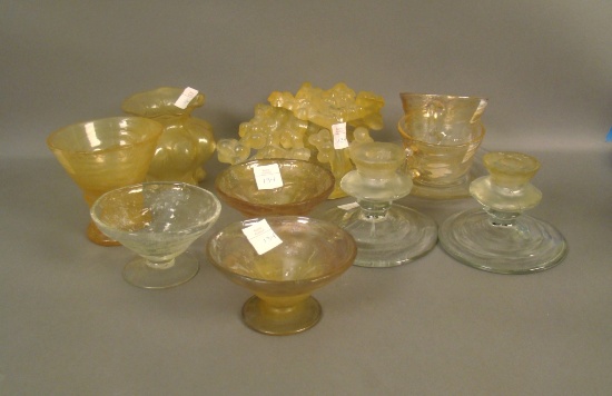 11 Pc. Consolidated Catalonian Lot Pair of Honey Top Crystal Candle Holders, Marigold Flash Saucer &
