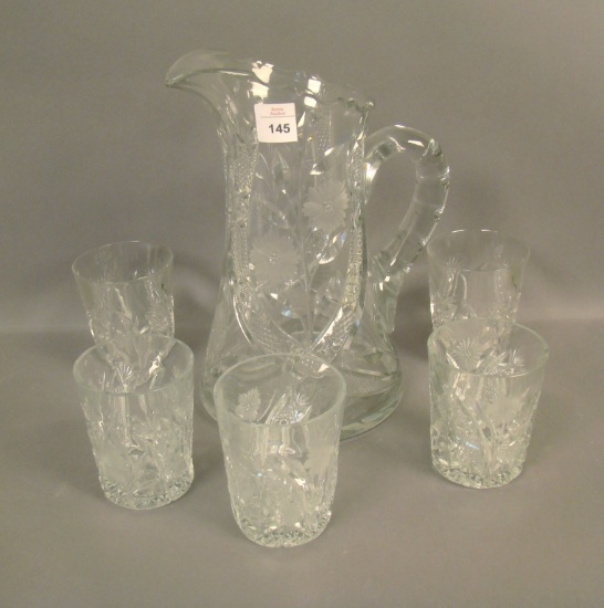 Cut Glass Intaglio Floral Etched 6 Pc. Water Set One tumbler has Flake Underneath Base as Shown