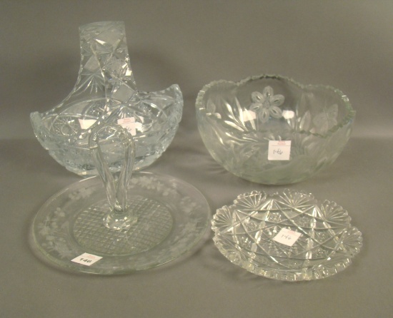 4 Piece Vintage Cut Glass Lot 1 Plate, 1 Etched Handled Tray,  1 Press Cut Bowl w/ Intaglio Floral D