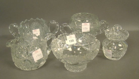 5 Piece Early Cut Glass Lot Sugar & Creamer, Handled Sugar, Small Ftd. Bowl and Covered Mustard