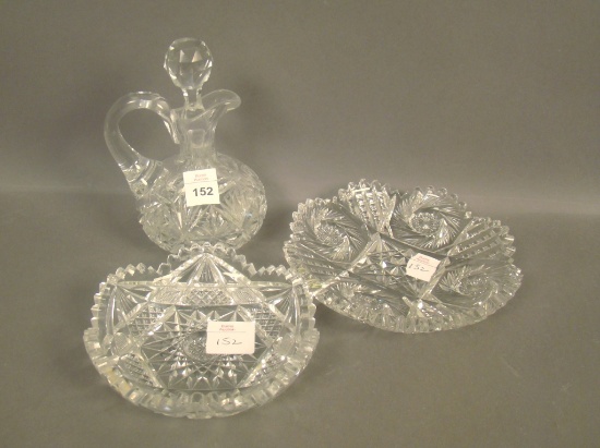 3 Pc Signed Fry Cut Glass Cruet and Nappy's