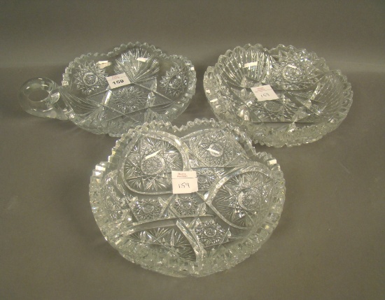 3 Pc. Brilliant Cut Glass Lot Handled Nappy, and Pair of Small Bowls