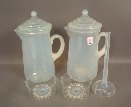 Two Fry Opalescent Coffee Pots and Strainers Only One Has Stem That is Badly Damaged But Present