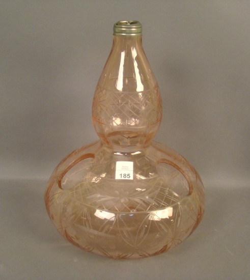 Fry Pink Wheel Cut Etched Water Lamp Cut Ovals in Design. Measures 12" Tall
