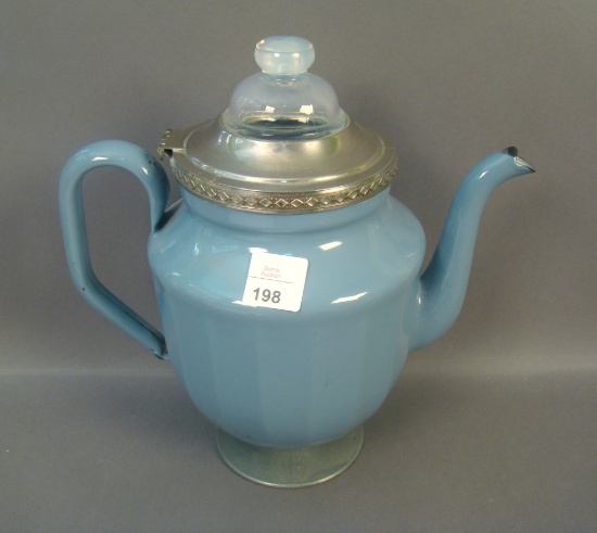 Fry Blue Enameled Coffee Pot W/ Opalescent Finial Measures 9" Retains Metal Percolator