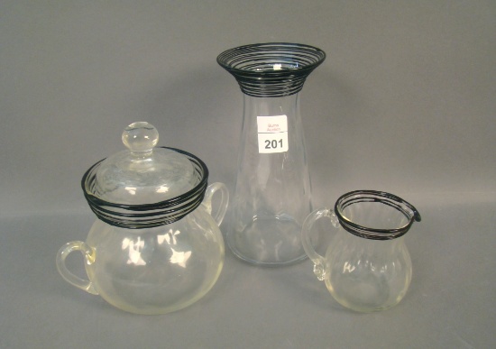 3 Pc Fry Glass Lot Including 6 1/2" Diamond Optic Vase W/ Black Threading, Small Diamond Optic Cream