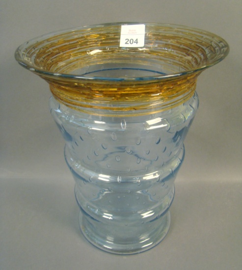 Fry Lt Blue Controlled Bubble Art Deco Vase Has Amber Threading and measures 8" X 6 3/4" Top