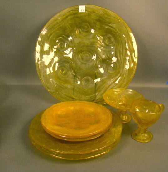 Consolidated Honey Catalonian 8 Piece Lot 1- 14 3/4" Platter, 2-10 3/4" Plates, 3- 8" Plates, 1 Ftd
