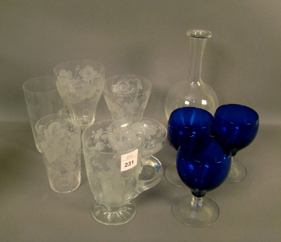 Ten Piece Glass Lot Fry Crystal Geisha Girl Mug,  Pair of Locke Art  Stems, 3 Cobalt Ftd Glasses and
