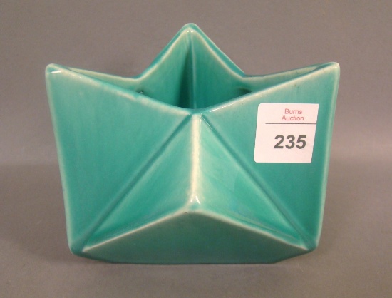 Muncie Pottery Ruba Rombic Small Vase Green Glaze. Measures 4 " X 4 1/2"