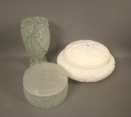 Three Piece Consolidated Lot White Wash Line 700 Goblet, MG Hummingbird Covered Puff Jar & Clear Fro