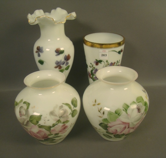4 Piece Consolidated Con Cora Lot 7 1/4" Tumbler Vase with Violets, 10 1/4" Ftd Ruffled Top Vase wit