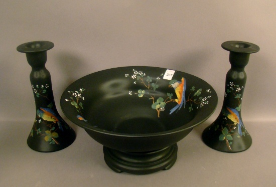 Consolidated /Tiffin Blk Satin Parrot Console Set Bowl Measures 11". Candledsticks measures 8 1/2"