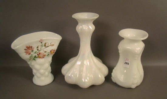 3 Pc. Consolidated Milk Glass Lot 6 1/4" Catalonian Pinced Bottle, Decorated Spanish Knobs 5 3/4" Fa