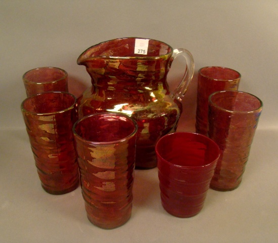 Consolidated Cranberry Flash Catalonian Pitcher Seven Piece Set With 5- 5 1/2" Tumblers and One 3 3/