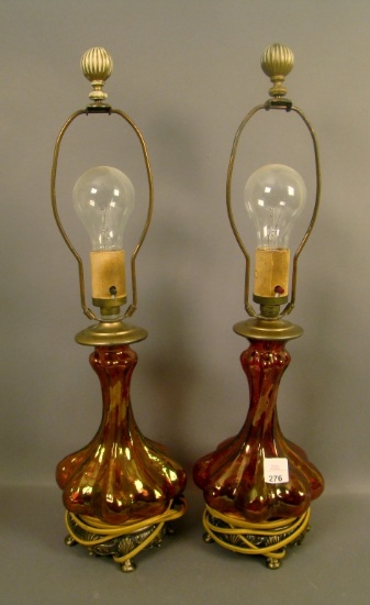 2 Consolidated Cranberry Flash Catalonian Lamps Regent Line. Lamps Measure 19 3/4" to Top of Finials