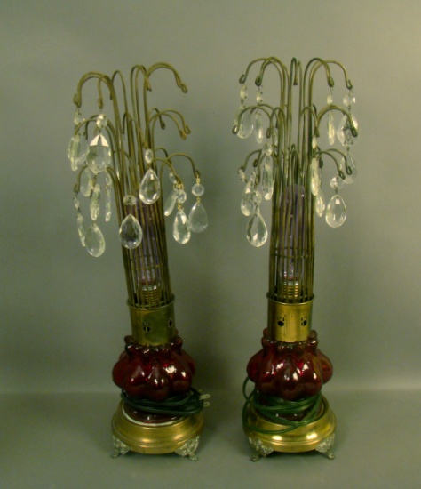 2 Consolidated Catalonian Luster Lamps Cranberry Flash. Measuring 18 1/2" Tall. Made with Violet Vas