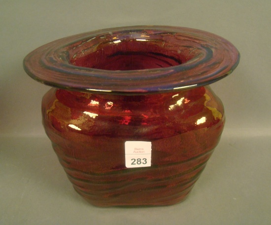 Consolid Cranberry Flash Catalonian Vase Spitoon Shape Flat Top Vase. Measures 6" X 7 1/2"
