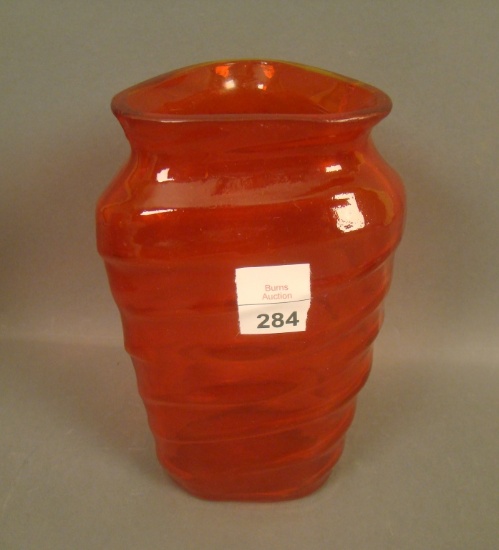 Consolidated Pidgeon Blood Catalonian Vase Triangle Shape. Measures  6 1/4"