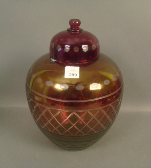 Consolid Cranberry Flash Wheel Cut Covered Urn Measures 11 1/2"