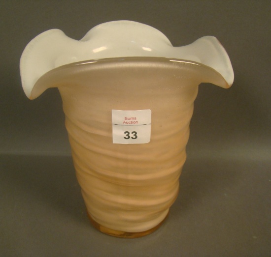 Consolidated Regent Pink Iridised Catalonian Vase Cased Fan Vase, Measures 6 1/4" X 5 1/2"