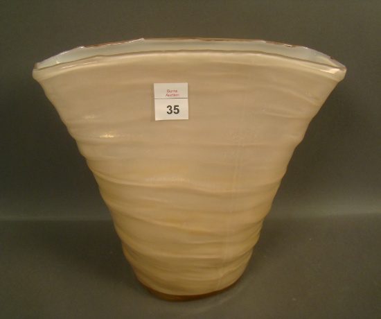 Consolidated Regent Pink/ Iridised Catalonian Vase Cased large Fan Vase. Measures 8" Tall