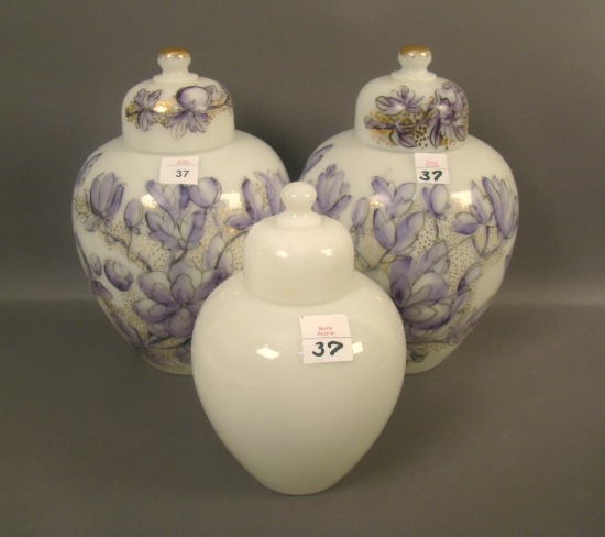 3 Consolidated Con Cora Decorated Urns Two with Amethyst Floral Decoration and One Plain