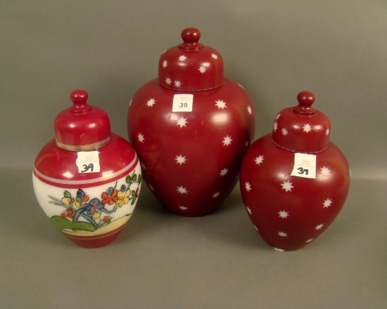 3 Consolidated Con Cora Burgundy Covered Urns Two Large Cut Stars and One Small Floral Decorated