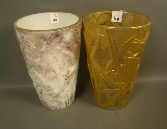 Two Consolidated Katydid Tumbler Vases Crystal/ Gold and MG/Gold. MG?Gold has Nick on Top as Shown i