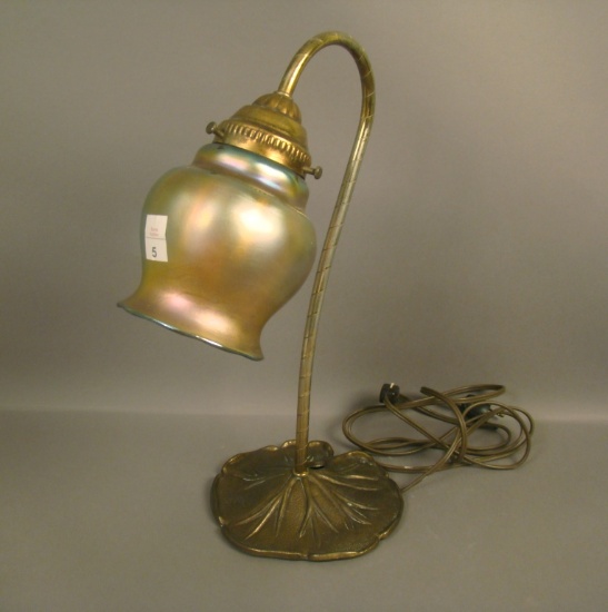Vintage Desk Lamp W/ Gold Aurene Steuben Shade Shade is Signed. Goose Neck Style Lamp with Pond Lily