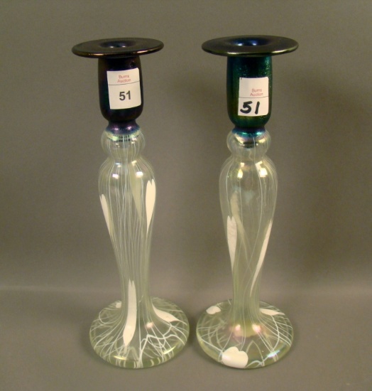 Two Imperial Freehand Hanging Hearts Candlesticks Opaque Frosted White with Cobalt Tops. measuring 9