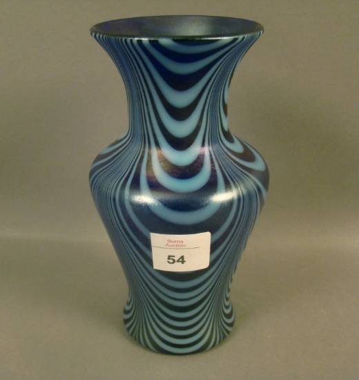 Imperial lead Luster Pulled Loop Vase Cobalt & White Corset Shape Vase. Measures 6 1/2" Tall